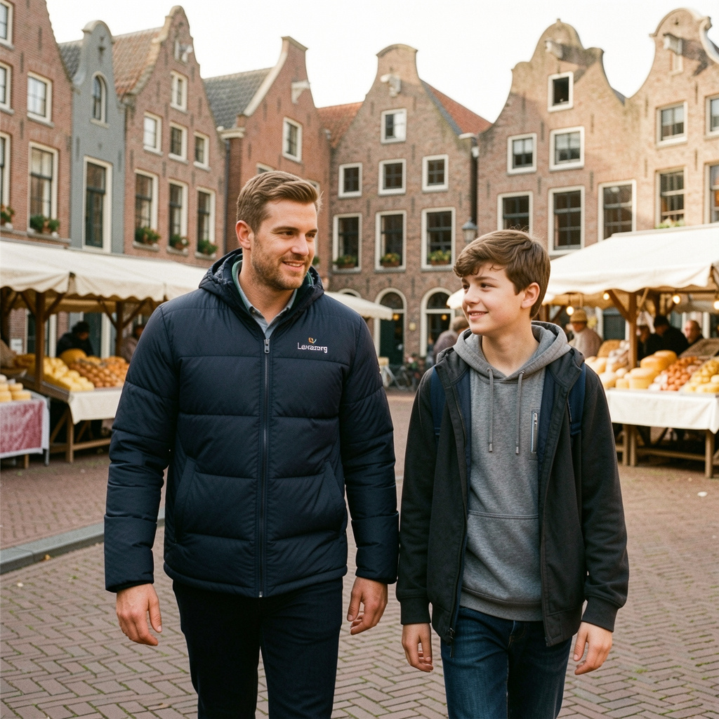Behandelaar van Levazorg wandelt met een jongere over een Hollandse markt