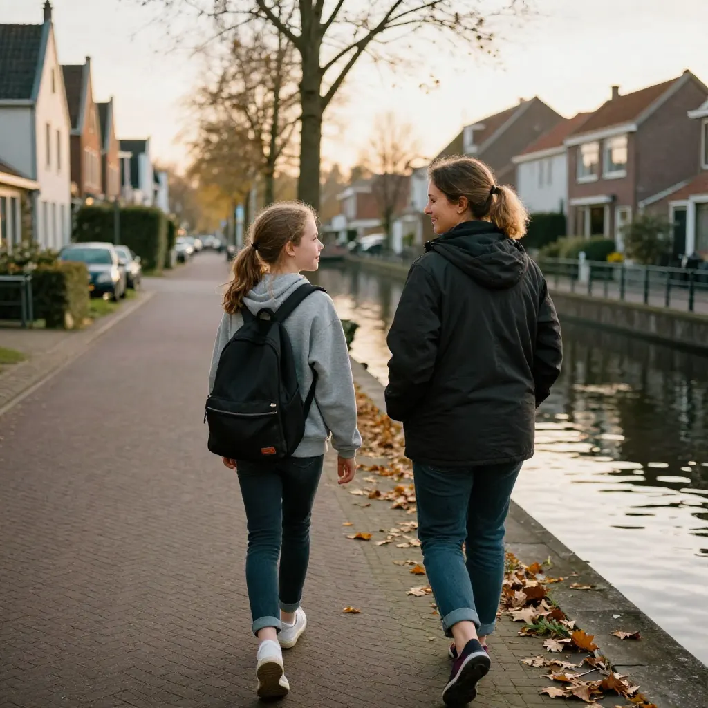 Jongere loopt met haar begeleider langs een Hollandse gracht