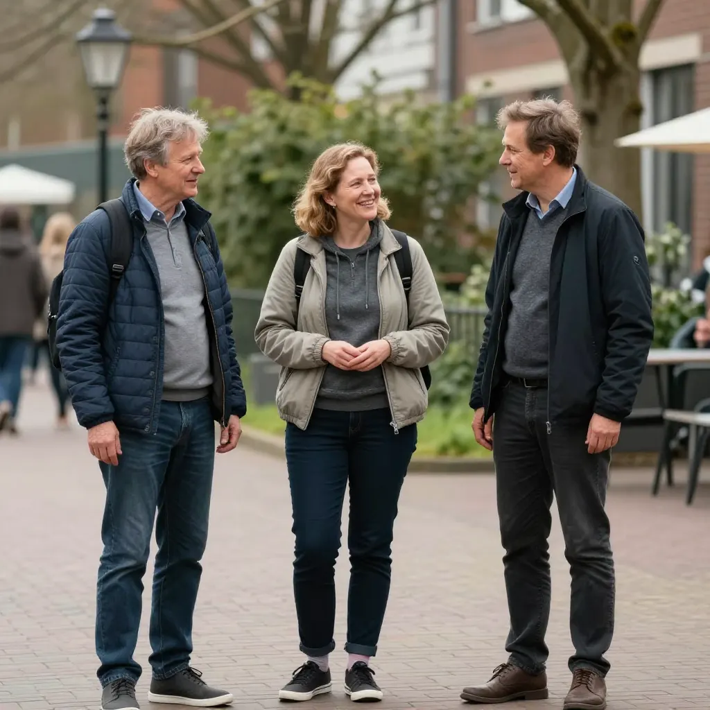 Drie collega's van het Levazorg-team in gesprek buiten op een pleintje